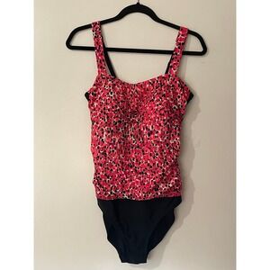 Krista Women's Pink‎ Black Dot Ruched One Piece Swimsuit Size 14